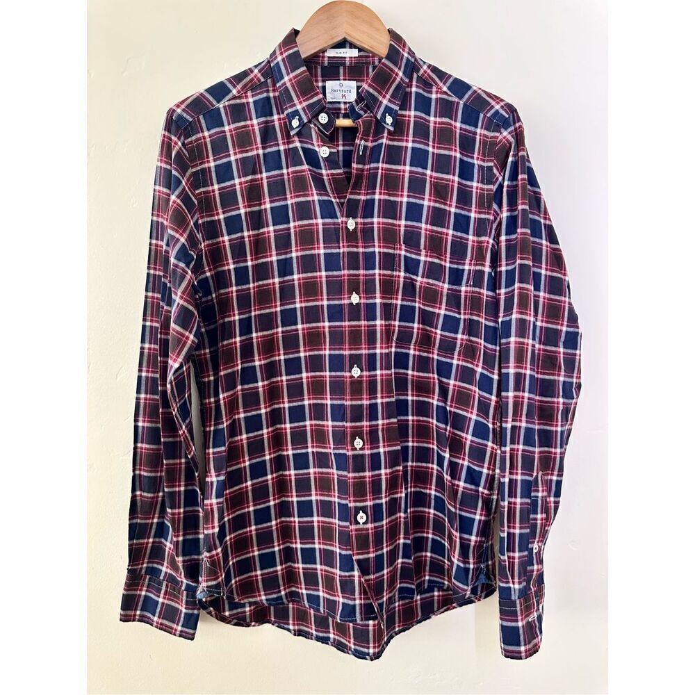 Hartford Red and Blue Plaid Slim Fit Button Down Size Medium